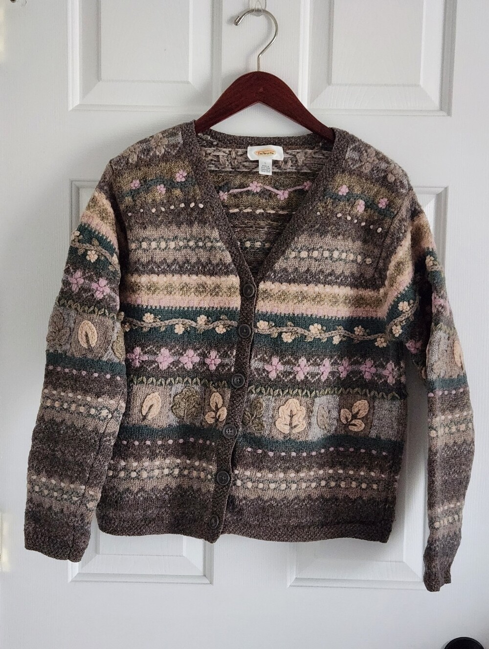 Vintage Talbots Wool Brown and Pink Floral Patterned Button Up Cardigan Sweater
